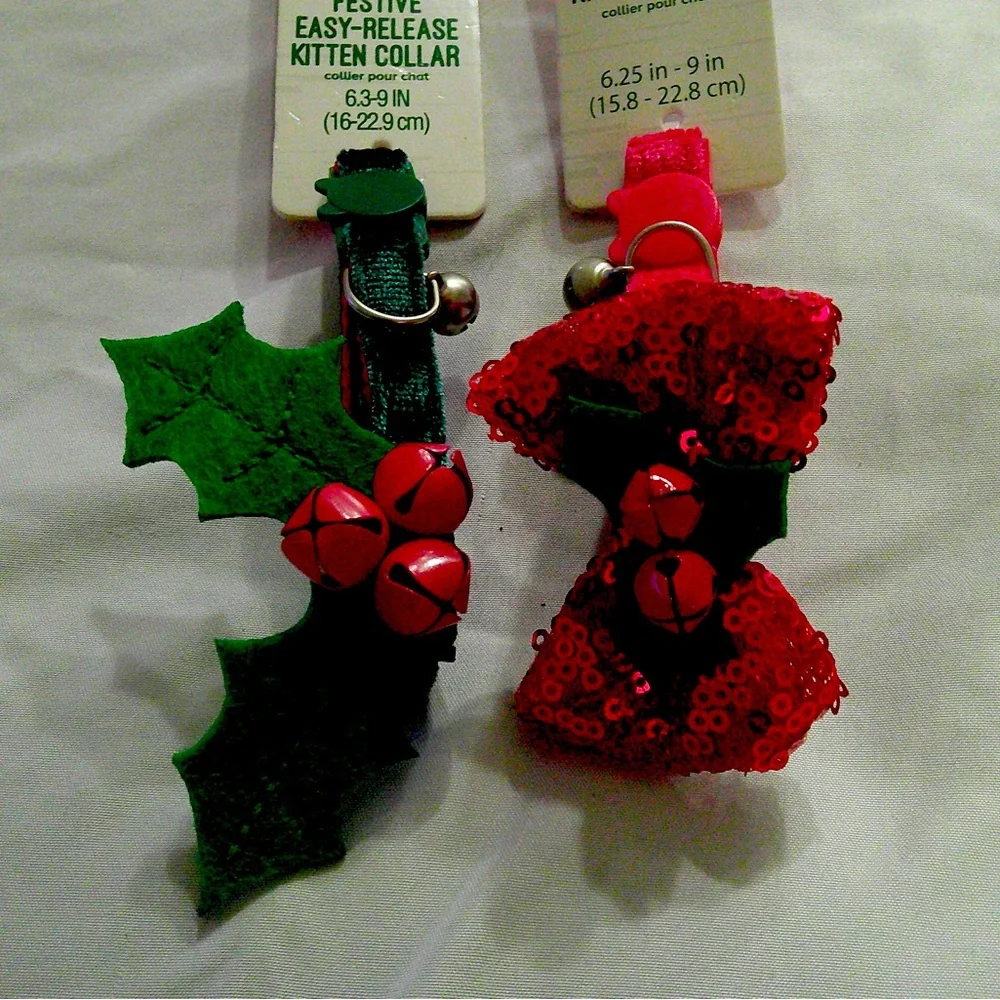2 Merry & Bright Festive Holiday Kitten Collars Holly Themed